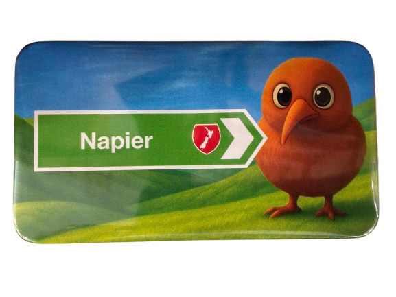 Napier New Zealand souvenir magnet with  Dougie the Kiwi and Napier road sign