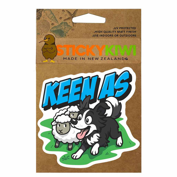9cm sticker with sheep dog and sheep and Keen As