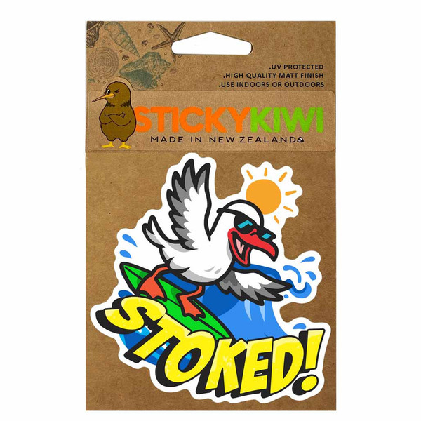 Stoked surfing seagull sticker wearing sunglasses and riding a wave