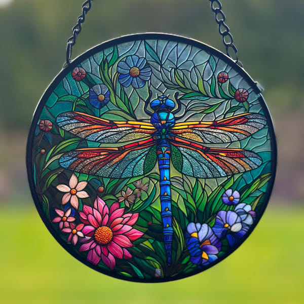 round hanging coloured glass dragonfly