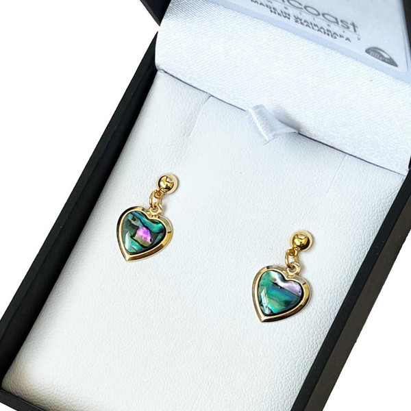 Gold plated NZ paua shell heart earrings on studs
