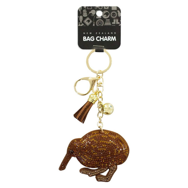 NZ kiwi rhinestone bag charm with gold-coloured chain and brown tassel