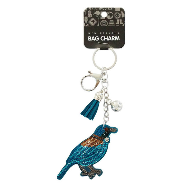 NZ tūī rhinestone bag charm with silver-coloured chain and tassel