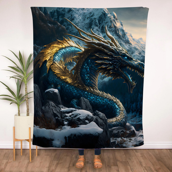 Blue Dragon Fleece Blanket – Soft Warm Throw 180x200cm