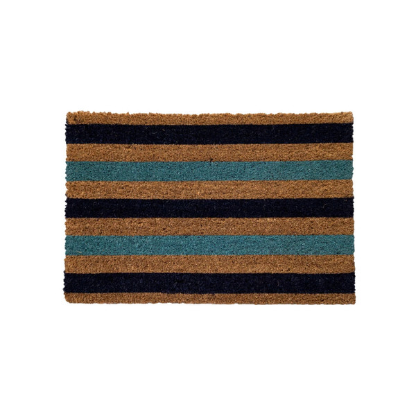 teal, black and natural striped pattern door mat made from coir (the outside husk of coconuts)