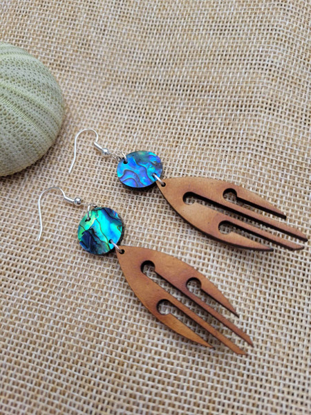 NZ made wooden ponga leaf earrings with NZ paua shell