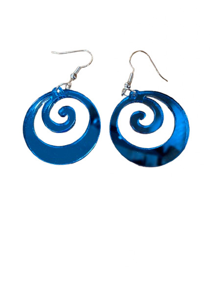 NZ made acrylic koru earrings on hooks - mirror light blue