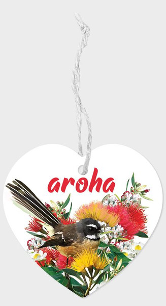 Hanging Heart Shaped NZ ceramic tile with Fantail And Aroha