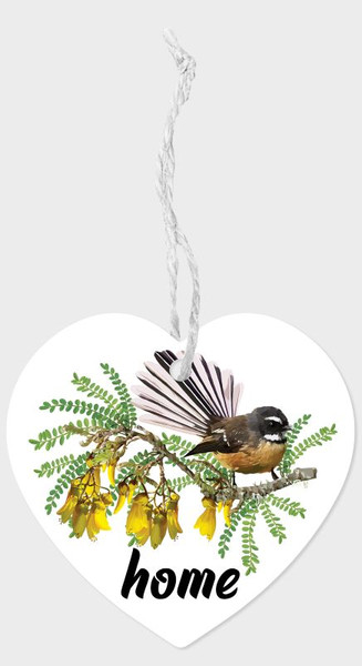 Hanging Heart Shaped NZ ceramic tile with Fantail And Home