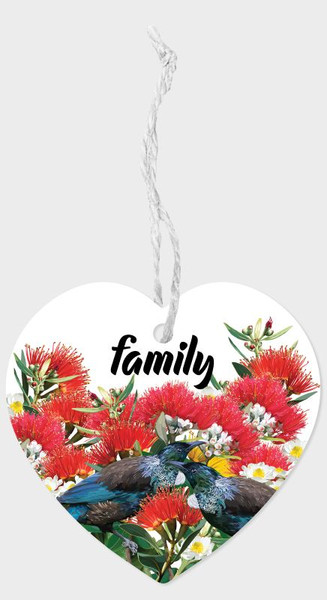 Hanging Heart Shaped NZ ceramic tile with Tui And Family