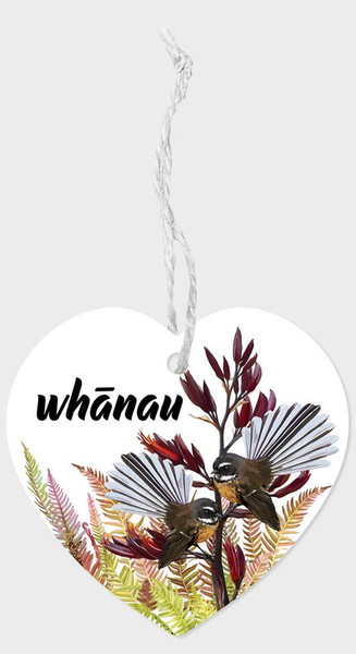 Hanging Heart Shaped NZ ceramic tile with Fantail And Whanau