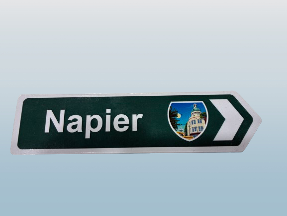 Road sign arrow magnet - Napier with image of the Dome