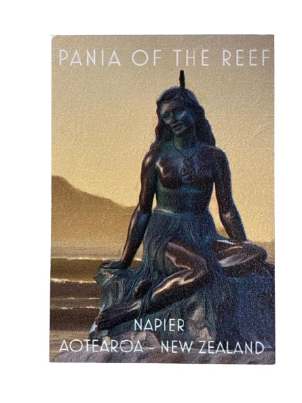 Pania of the Reef Napier fridge magnet featuring the bronze Pania statue against a golden sky