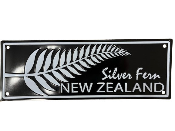 New Zealand Souvenir Number Plate Tin Sign - Black with Silver fern