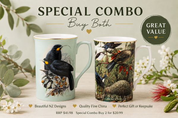 Set of two NZ native bird coffee mugs featuring Huia and New Zealand bird designs
