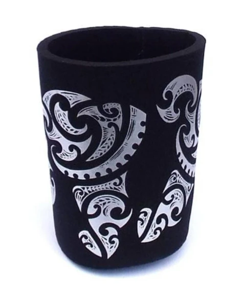 Black can cooler with silver tattoo design
