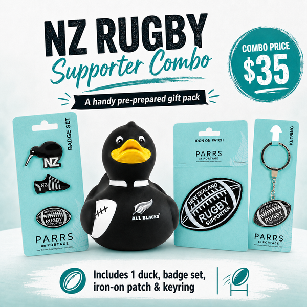 NZ Rugby Supporter gift combo with All Blacks duck, badge set, iron-on patch and keyring