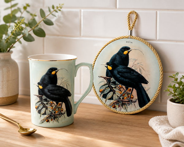 NZ Native Huia Bird Mug & Wall Hanging Trivet Gift Combo