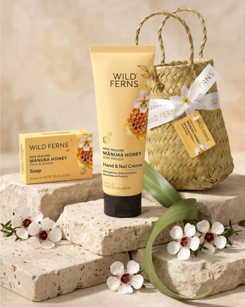 Wild Ferns Manuka Honey Hand & Nail Crème and Soap Gift Set in woven kete