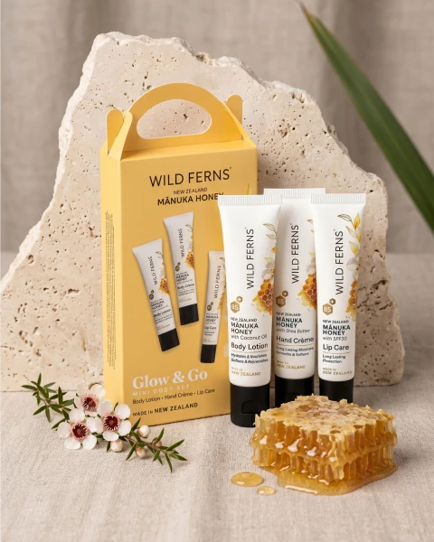 Wild Ferns Manuka Honey mini skincare gift set with Body Lotion, Hand Crème and SPF30 Lip Care
