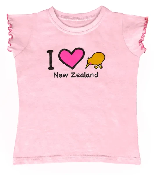 Pink New Zealand children’s T-shirt with frilled sleeves and I Love Kiwi heart design