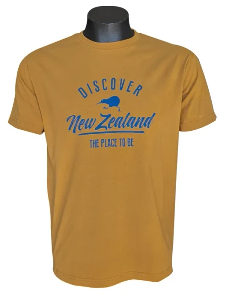 Mustard New Zealand adult souvenir T-shirt with Discover New Zealand design