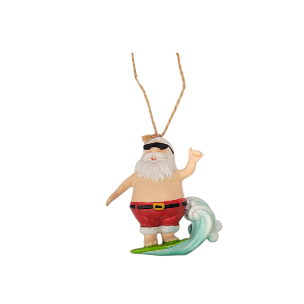 Surfing Santa 8cm hanging or freestanding Christmas decoration