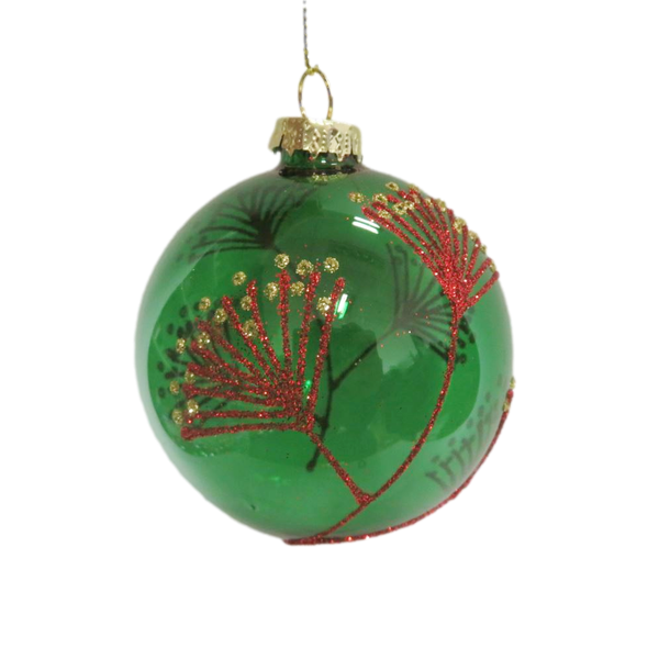 Green glass Pōhutukawa Christmas bauble with New Zealand floral design