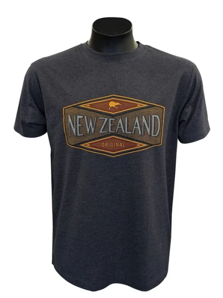 NZ Adult's Souvenit T-shirt - Dark Grey with Hexagonal Design and Kiwi