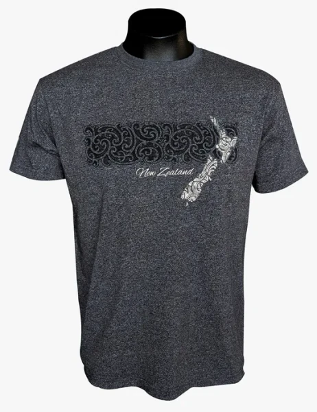 NZ Adult's Souvenir T-Shirt - Mottled Black with Kowhaiwhai NZ map design