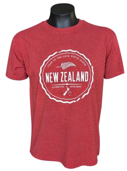 NZ Adult Souvenir T-Shirt - Red with Land of the Long White Cloud