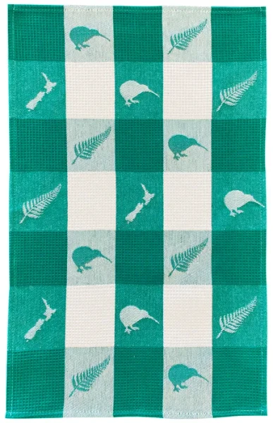Teal 100% cotton waffle  tea towel with NZ icons design