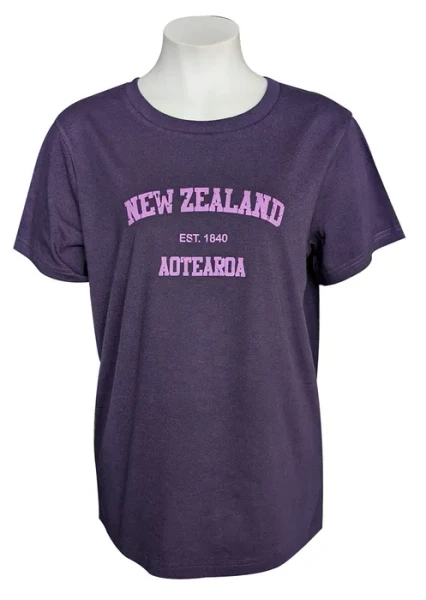 NZ Ladies' Souvenir T-Shirt - Purple with New Zealand Aotearoa est 1840
