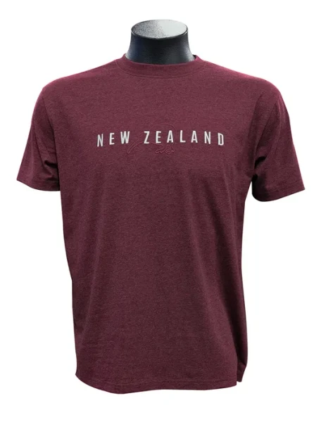 NZ Souvenir Adult's T-Shirt - Burgundy with embroidered Kiwi