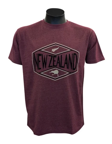 NZ Souvenir Adult's T-Shirt - Burgundy with Kiwi and fern Design