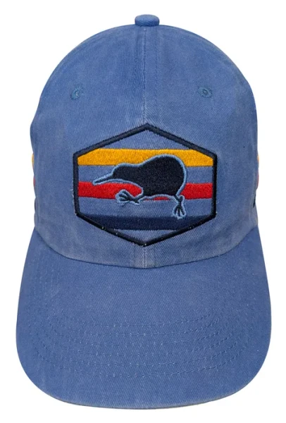 Blue cotton cap with embroidered kiwi and colourful stripe design