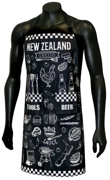 NZ Souvenir Apron - Black with New Zealand BBQ design and pockets