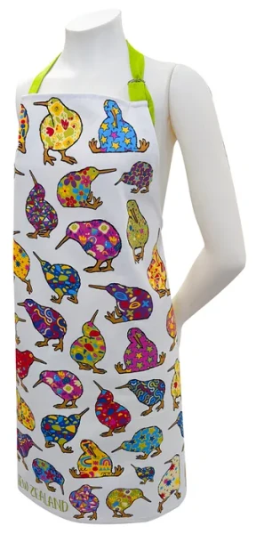 NZ Souvenir Apron - White with colourful Kiwis design