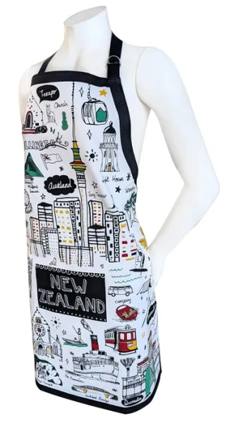 NZ Souvenir Apron - White with Large Black pocket and NZ  Icons Design