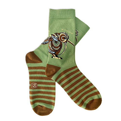 Green Kiwi Pip New Zealand socks with brown stripes and colourful kiwi bird design
