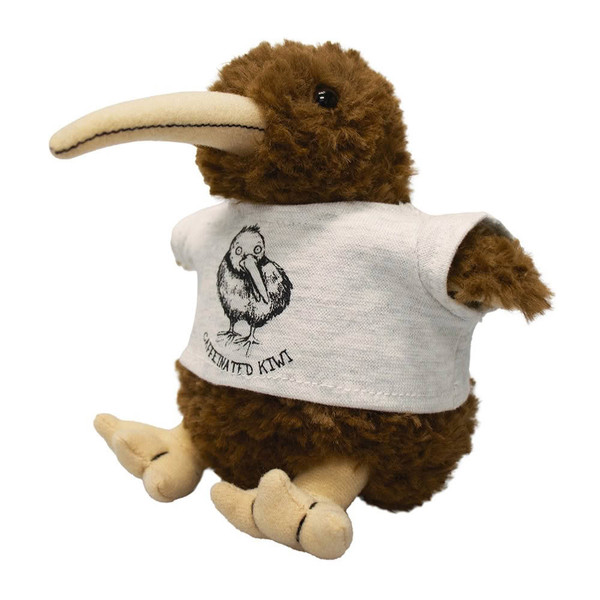 Brown NZ kiwi bird soft toy wearing a grey Caffeinated Kiwi hoodie