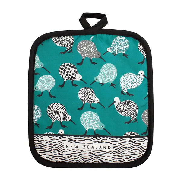 Teal New Zealand pot holder with colourful kiwi bird design and hanging loop