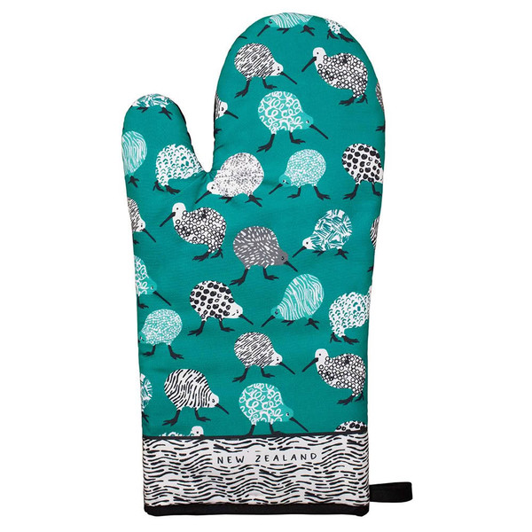Teal New Zealand oven glove with colourful kiwi bird design