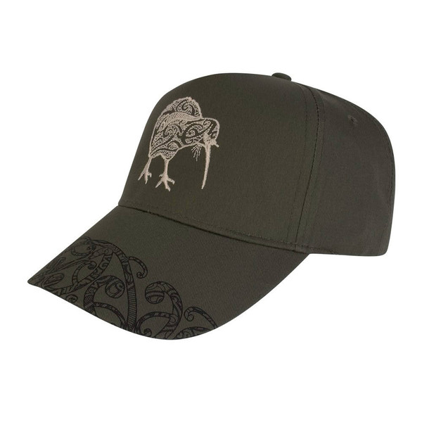 Olive green NZ souvenir cap with cream embroidered kiwi bird and patterned peak