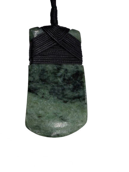 NZ pounamu curved toki pendant with dark binding, front view