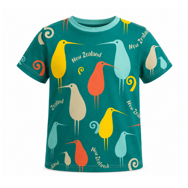 Teal children’s NZ T-shirt with colourful kiwi design