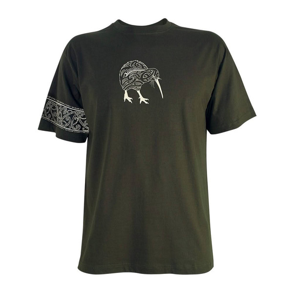 Moss Green NZ T-shirt with Kiwi design and tattoo style armband