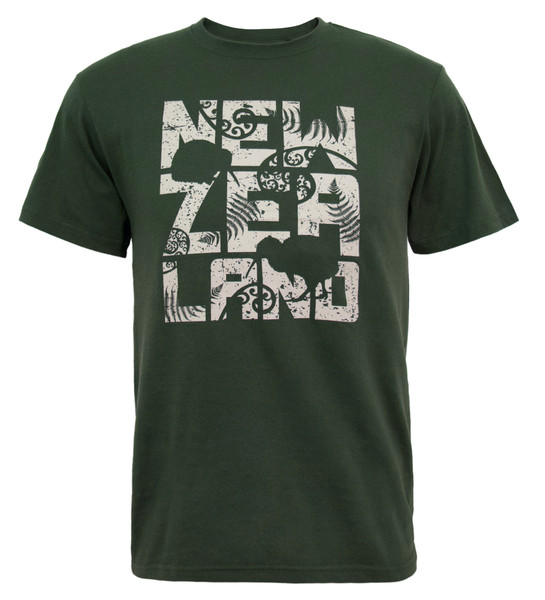 Moss Green NZ T-Shirt With New Zealand, Kiwi and Fern Design