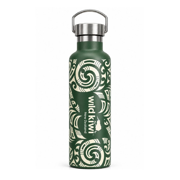 NZ Insulated Drink Bottle | Green with Kowhaiwhai Design