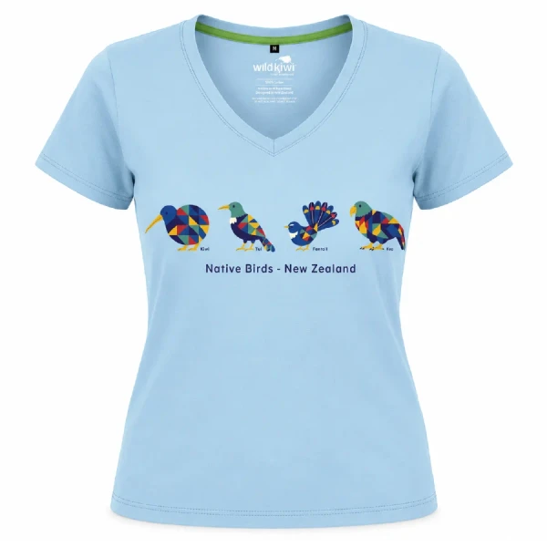 Light Blue Women's NZ T-Shirt | Coulourful Native Birds design